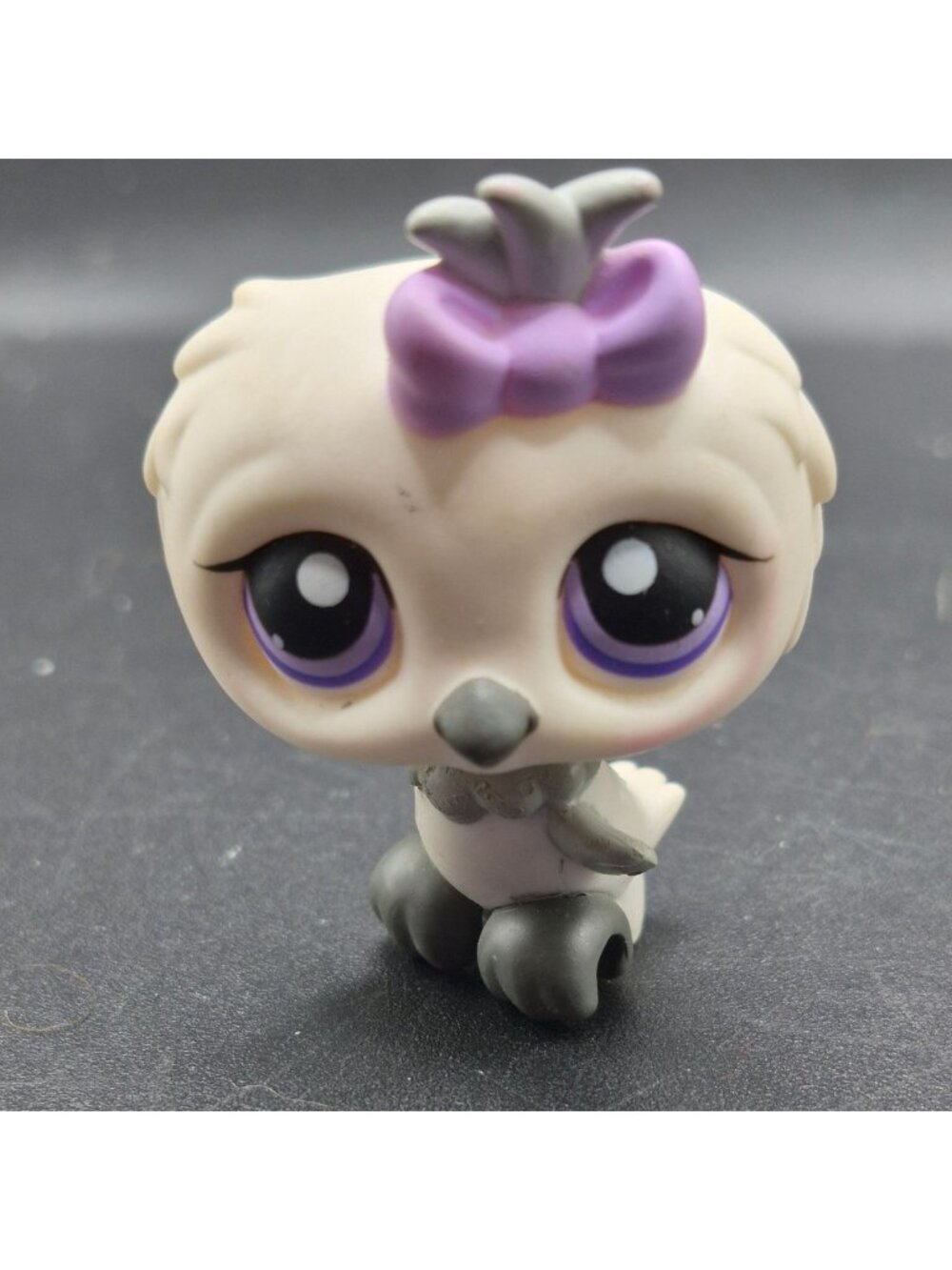 Littlest Pet Shop  #449 2007 Gray  White Owl Figure Purple Bow Collectible Toy